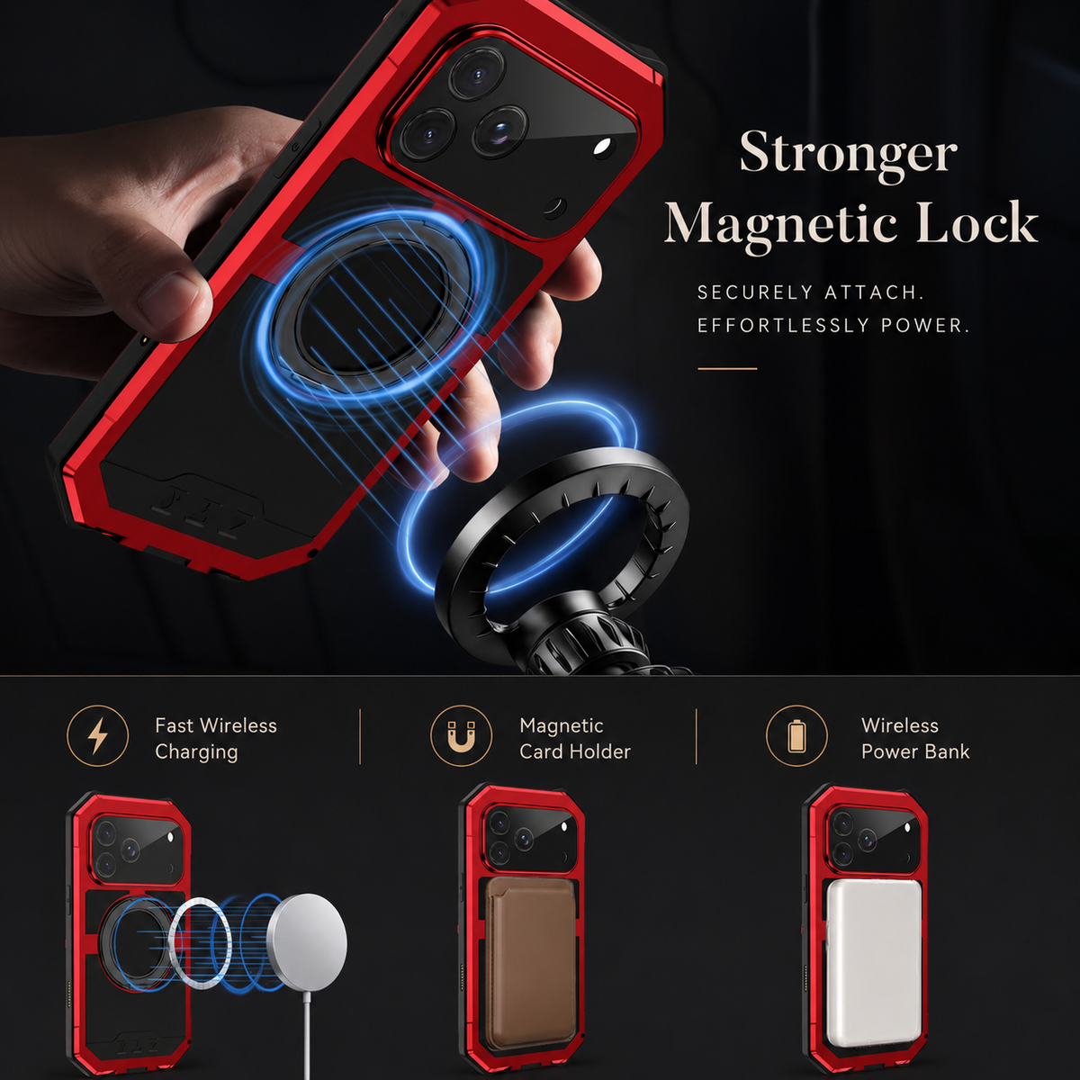 A hand holds a red rugged case near a magnetic mount with blue illustrated rings between them. Lower views show charging puck, card wallet and power-bank attachment.