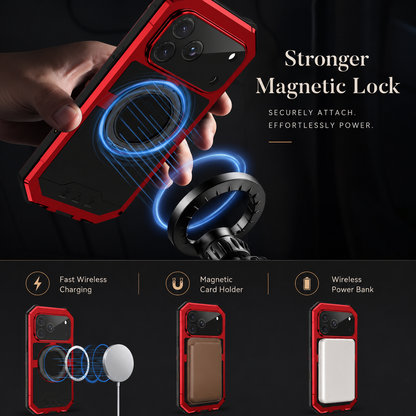 A hand holds a red rugged case near a magnetic mount with blue illustrated rings between them. Lower views show charging puck, card wallet and power-bank attachment.