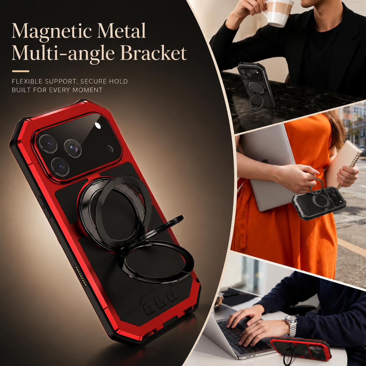 A red rugged case floats diagonally with its circular ring stand open. At right, two smaller panels show a person holding a white cup beside the phone propped on a table, and a person in an orange top carrying the phone by its ring. Text describes a magnetic multi-angle bracket.