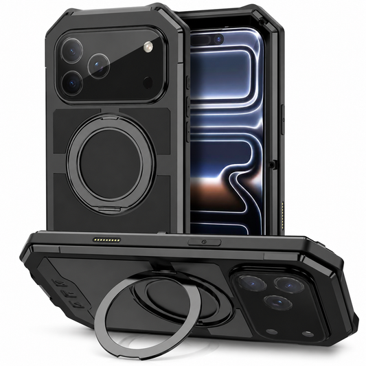 Front and rear views of a rugged black phone case stand on white beside a horizontal case propped on its circular ring. Thick angular corners and screw heads frame the phone.