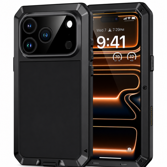 Front and rear views of a rugged black phone case stand on white. Thick angular corners, screw heads and a broad raised camera surround frame the screen and matte back.