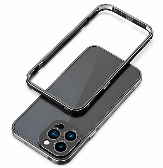An empty black-and-silver bumper frame floats above a black phone on white, leaving the back exposed. Separate metal-looking trim surrounds the circular camera openings.
