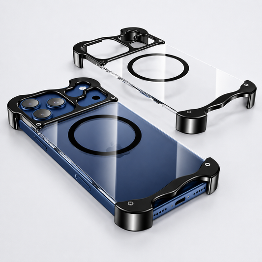 A blue phone in a transparent case lies beside an empty matching case on pale gray. Black corner bumpers and a camera surround frame the clear back and circular magnetic marking.