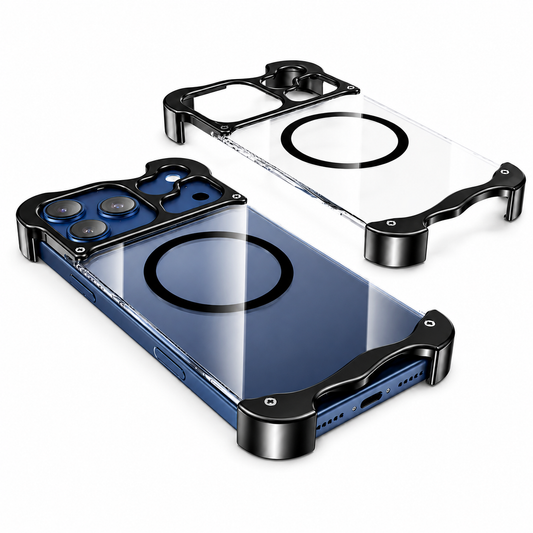 A blue phone in a transparent case lies beside an empty matching case on white. Black corner bumpers and a camera surround frame the clear back, with a black circular magnetic marking.