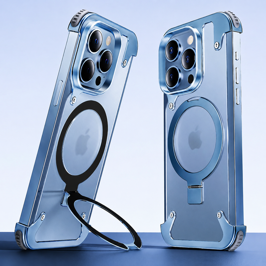 Two rear views show a pale blue skeletal-frame case on blue, with circular ring stand extended and folded flat. Silver-colored corner pads and exposed side sections are visible.
