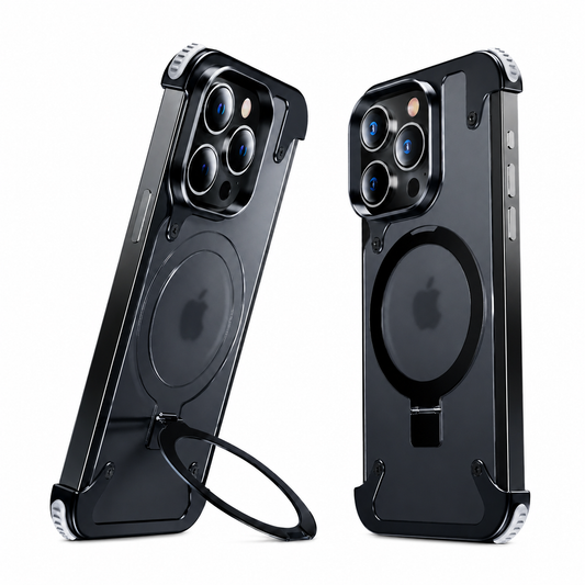 Two rear views show a black skeletal-frame phone case against white, one supported by an extended circular ring stand and one with the ring folded flat. Silver-colored corner pads reinforce its open-sided frame.