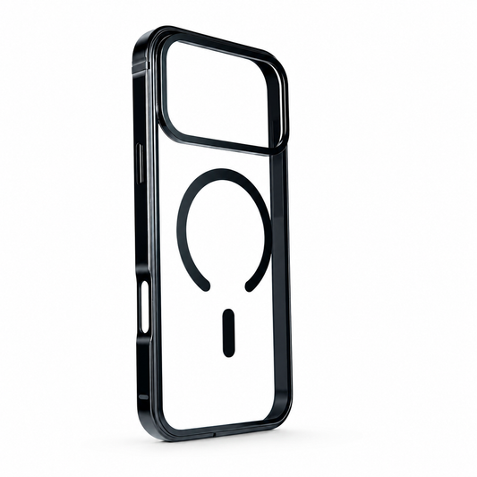 An empty black-edged clear case stands on white. A black magnetic ring and short bar mark the transparent back beneath a large rectangular camera opening.