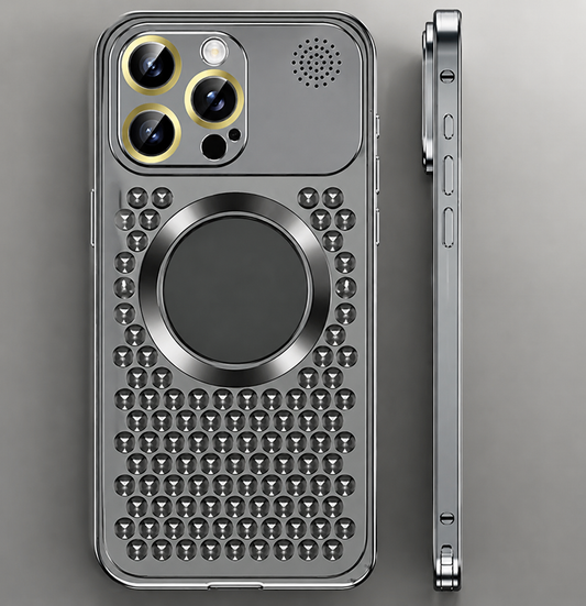 A graphite-gray metallic-looking phone case is shown from the back and side against gray. Rows of three-spoke circular openings surround a large central ring, with gold-colored camera rings and a perforated upper corner.