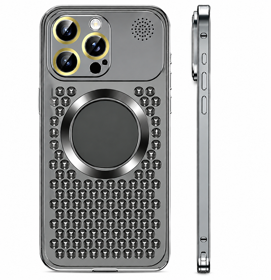 A graphite-gray metallic-looking phone case is shown from the back and side against white. Rows of three-spoke circular openings surround a large central ring, with gold-colored camera rings and a perforated upper corner.