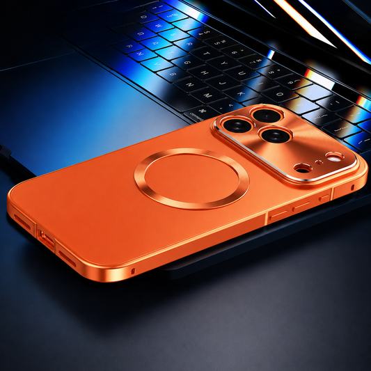 An orange phone case lies beside a blue-lit laptop, showing a matte back, glossy circular magnetic marking and broad raised camera panel.
