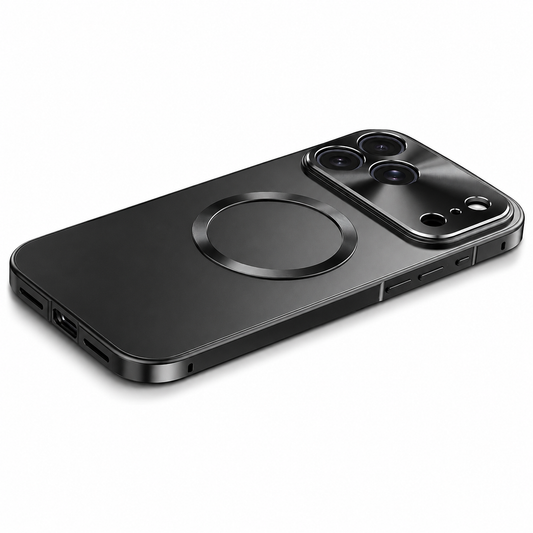 A black phone case lies diagonally on white, showing a matte back, glossy circular magnetic marking and broad raised camera panel with separate lens openings.