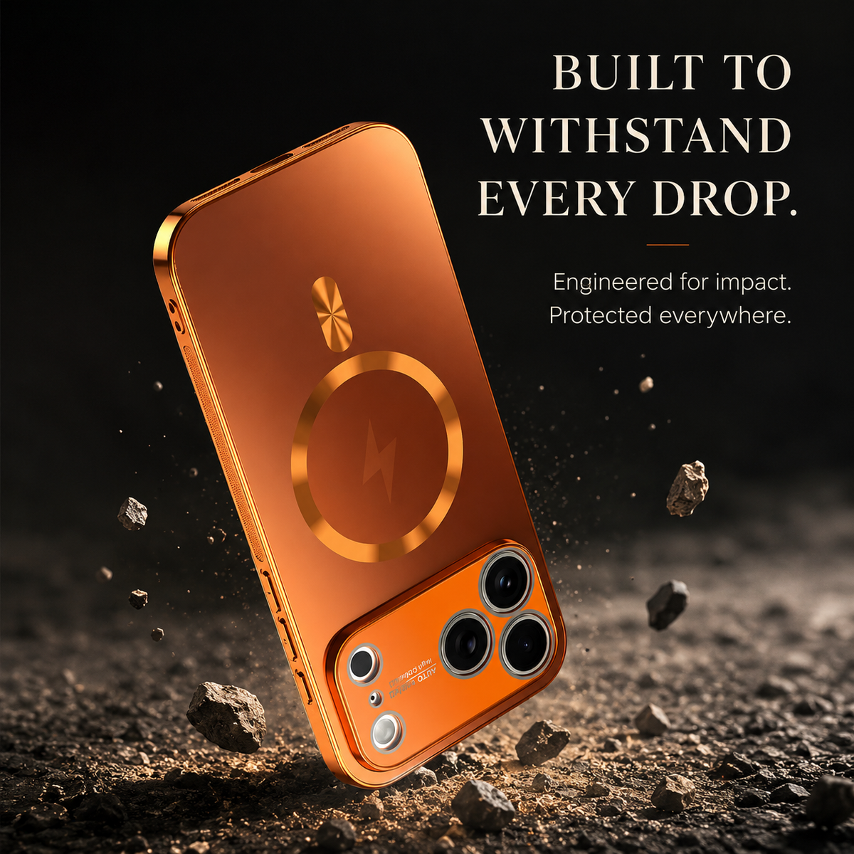 An orange metallic-looking phone case falls corner-first toward rocky ground amid fragments. Its circular ring and lightning symbol face forward. Text advertises impact and drop protection.