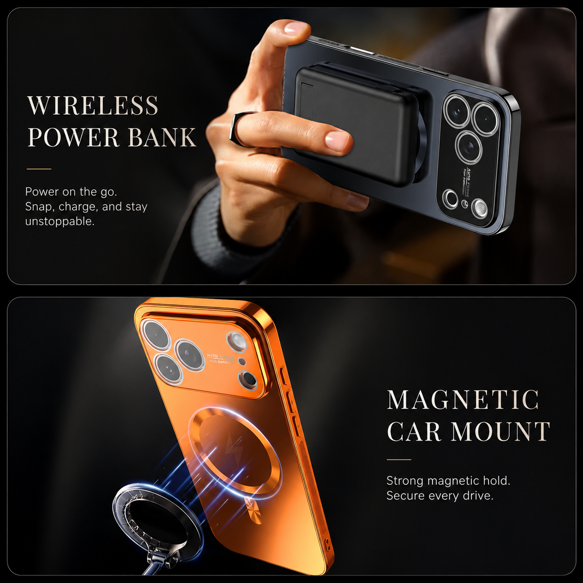 Two panels show a person holding a black case with a rectangular battery pack attached and an orange case near a circular car mount. Text advertises wireless power and magnetic mounting.