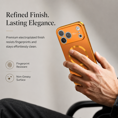 A seated person holds an orange metallic-looking phone case upright. Its circular back ring and wide camera panel face the viewer. Text advertises an electroplated finish, fingerprint resistance and a nongreasy surface.
