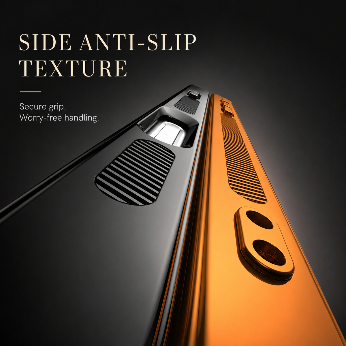 Extreme side close-ups compare black and orange case edges with long ridged grip sections and control openings. Text advertises an anti-slip side texture.