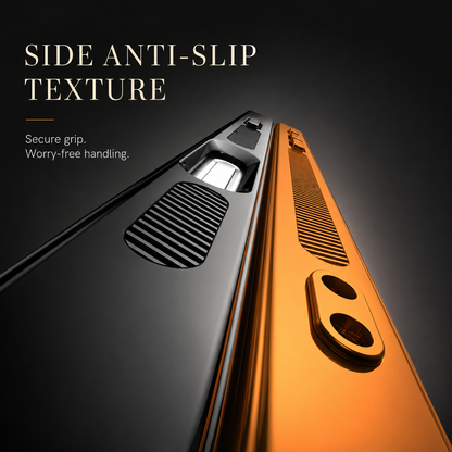 Extreme side close-ups compare black and orange case edges with long ridged grip sections and control openings. Text advertises an anti-slip side texture.