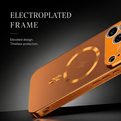 An orange metallic-looking phone case tilts above a dark reflective surface. Its circular back ring, wide camera panel, side buttons and ridged grip strips are visible. Text advertises an electroplated frame.