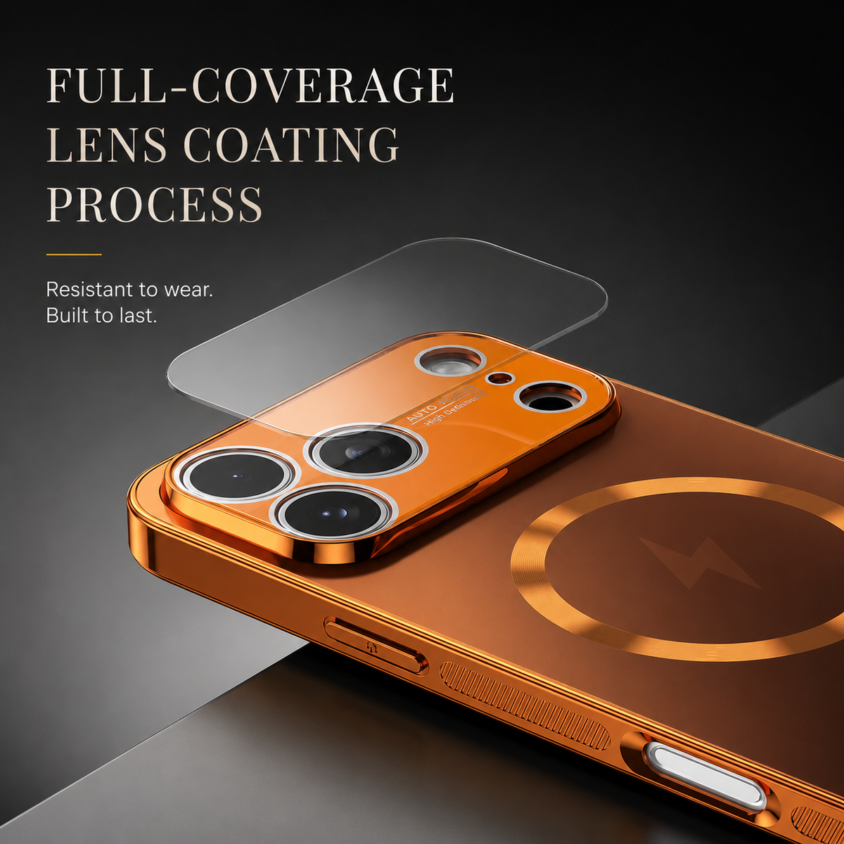 An exploded close-up lifts a clear rectangular layer above an orange case's broad camera panel. Silver-colored rings surround the lenses. Text advertises a full-coverage lens coating and wear resistance.