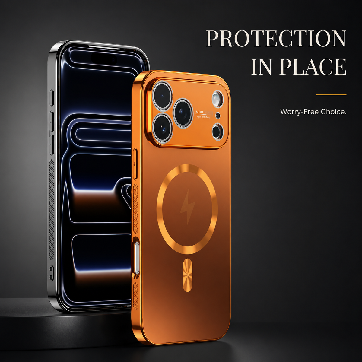An orange phone case back stands beside a black-edged front view with glowing line wallpaper against dark gray. Its circular ring surrounds a lightning symbol. Text reads 'Protection in Place.'