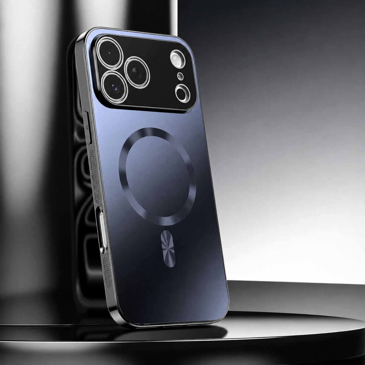 A slate-blue metallic-looking phone case leans upright on a glossy black pedestal. A shiny circular ring and short bar mark its back beneath a broad black camera panel.