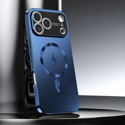 A blue metallic-looking phone case leans upright on a glossy black pedestal. A circular ring surrounds a lightning symbol beneath a broad black camera panel with silver-colored lens rings.