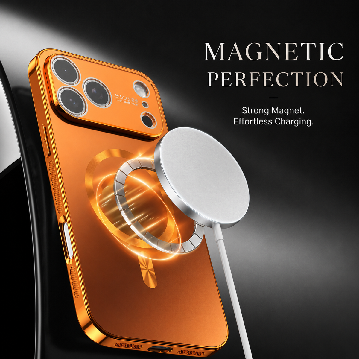 A white charging puck approaches an orange phone case's circular ring, with a floating segmented ring illustrating magnetic attachment. Text advertises strong magnetic charging.