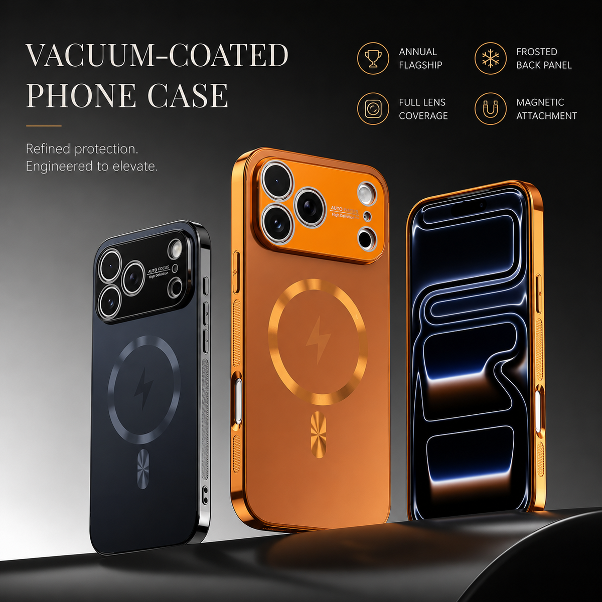 Slate and orange phone case backs stand beside a front view with glowing line wallpaper on dark display blocks. Text advertises a vacuum-coated case, frosted back, full lens coverage and magnetic attachment.