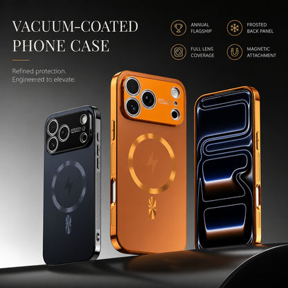 Slate and orange phone case backs stand beside a front view with glowing line wallpaper on dark display blocks. Text advertises a vacuum-coated case, frosted back, full lens coverage and magnetic attachment.