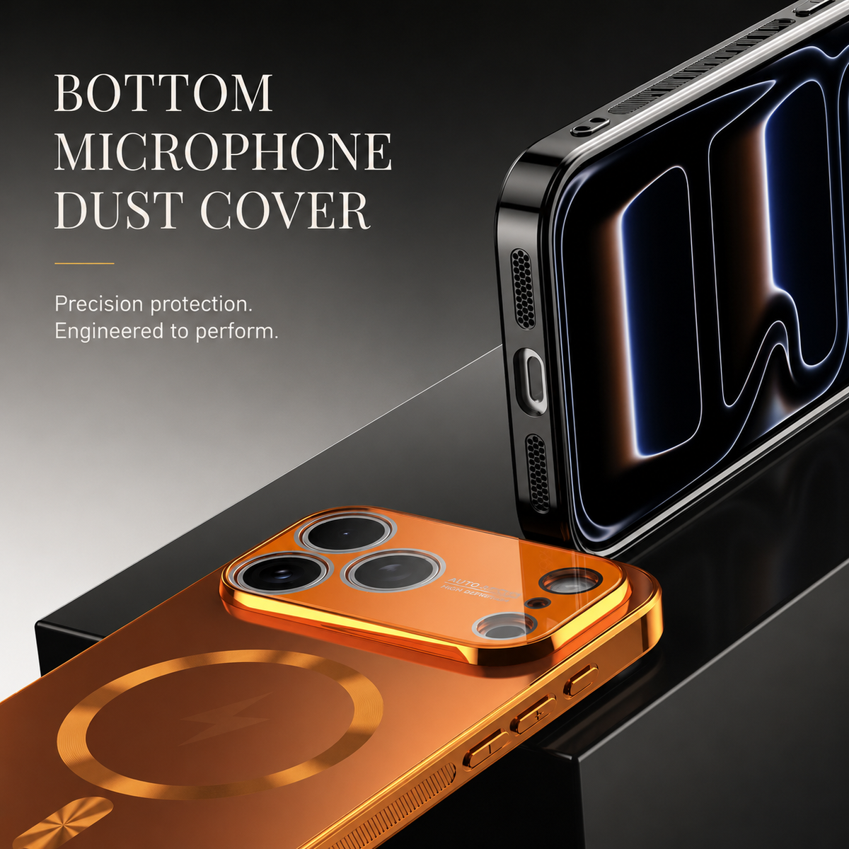 Close-up front and back views of black and orange cases highlight charging openings and fine mesh-like speaker covers. Text advertises a bottom microphone dust cover.