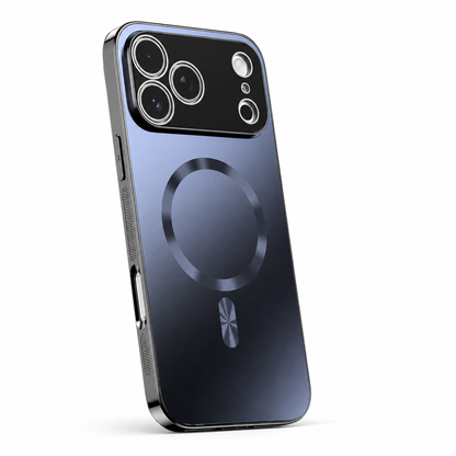 A slate-blue metallic-looking phone case leans upright against white. A shiny circular ring and short bar mark its back beneath a broad black camera panel with silver-colored lens rings.