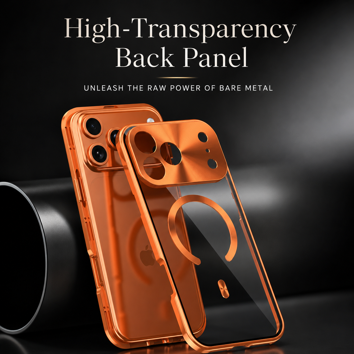 A transparent orange back panel floats beside its matching phone, showing the camera openings and circular magnetic ring. Text advertises a high-transparency back.