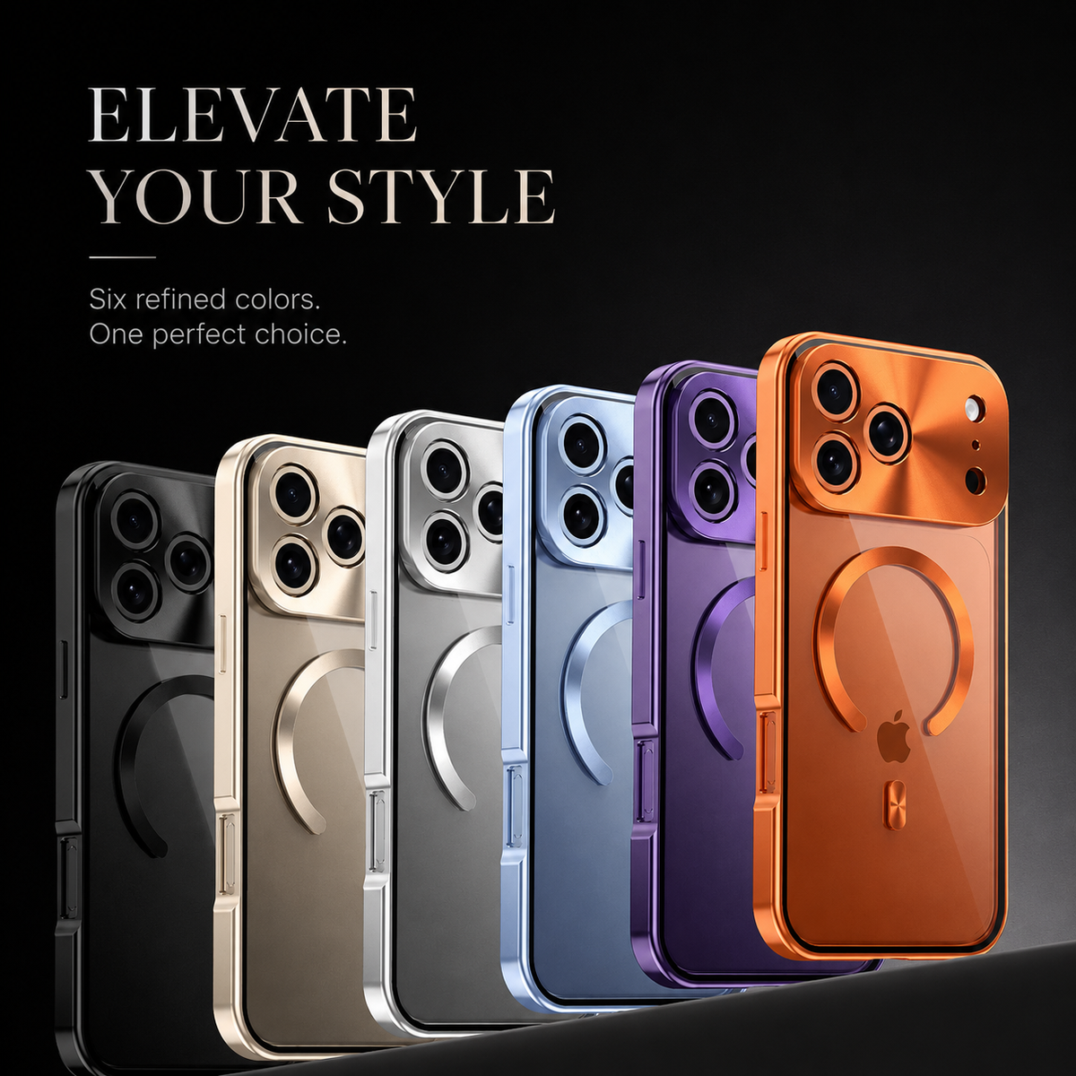Dark gray, gold-colored, silver-colored, blue, purple and orange cases stand in a row under Elevate Your Style. Text advertises six colors.