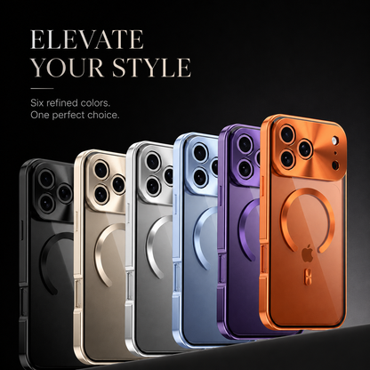 Dark gray, gold-colored, silver-colored, blue, purple and orange cases stand in a row under Elevate Your Style. Text advertises six colors.