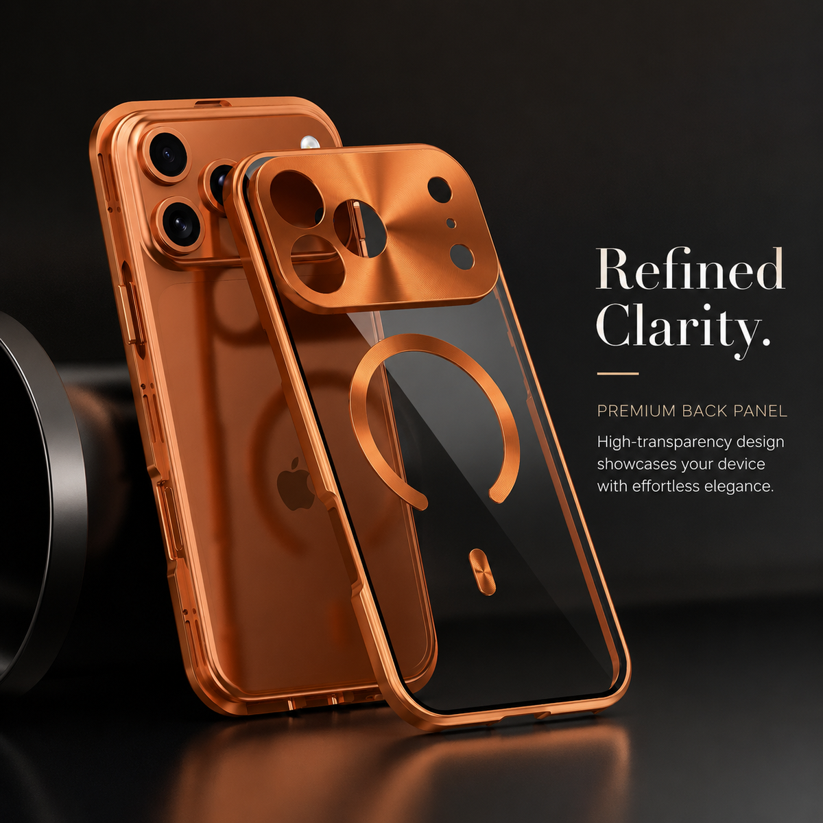 A transparent orange back panel leans beside a matching phone on a dark reflective surface. Text advertises clarity and a scratch-resistant finish.