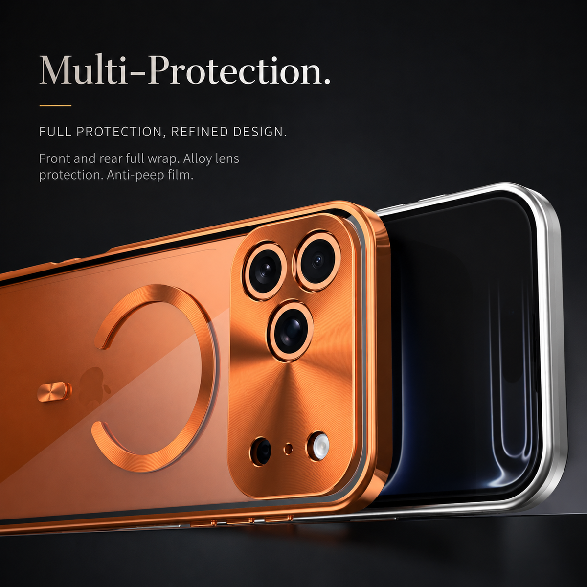 An orange rear case overlaps a front screen view. Text advertises front and rear alloy coverage, lens protection and an anti-peep screen film.