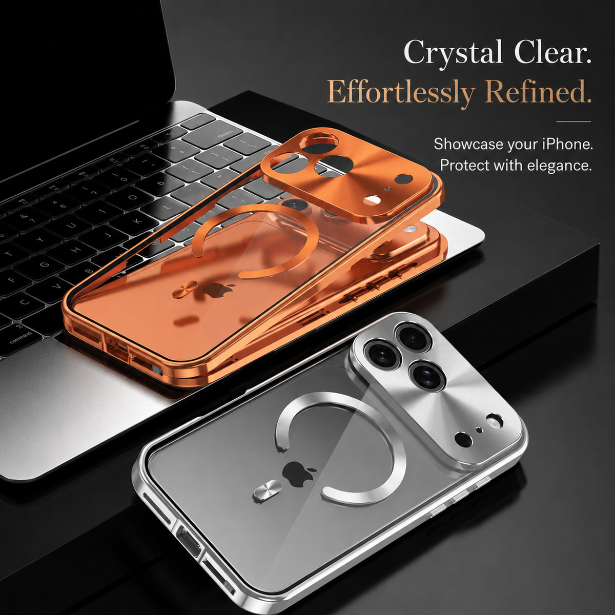 Orange and silver-colored clear-backed cases lie beside a laptop on a dark surface, showing circular magnetic rings and full camera panels.