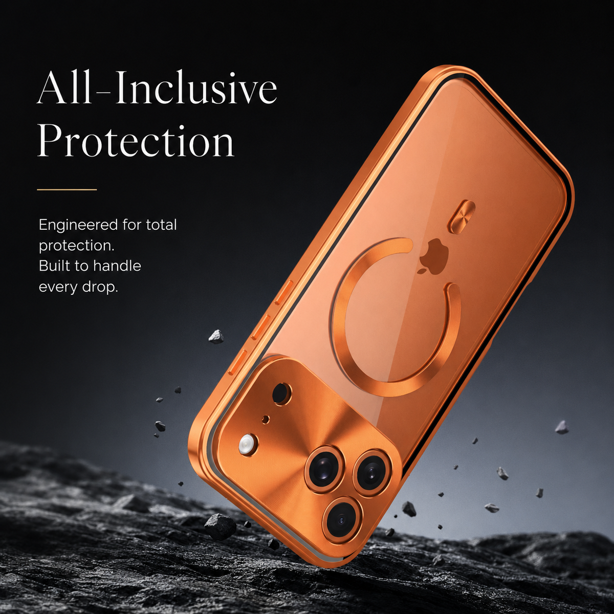 An orange phone case is illustrated landing on rough dark ground with fragments flying. Text advertises all-inclusive drop protection.