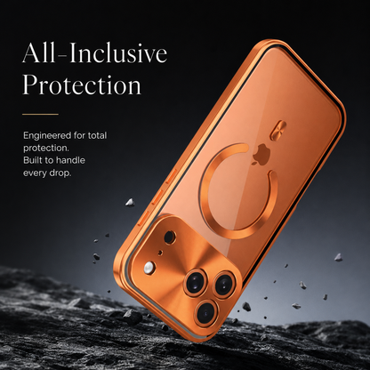 An orange phone case is illustrated landing on rough dark ground with fragments flying. Text advertises all-inclusive drop protection.