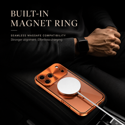 An orange clear-backed case rests on a dark surface with a white charging puck attached. Text advertises a built-in magnetic ring and MagSafe compatibility.