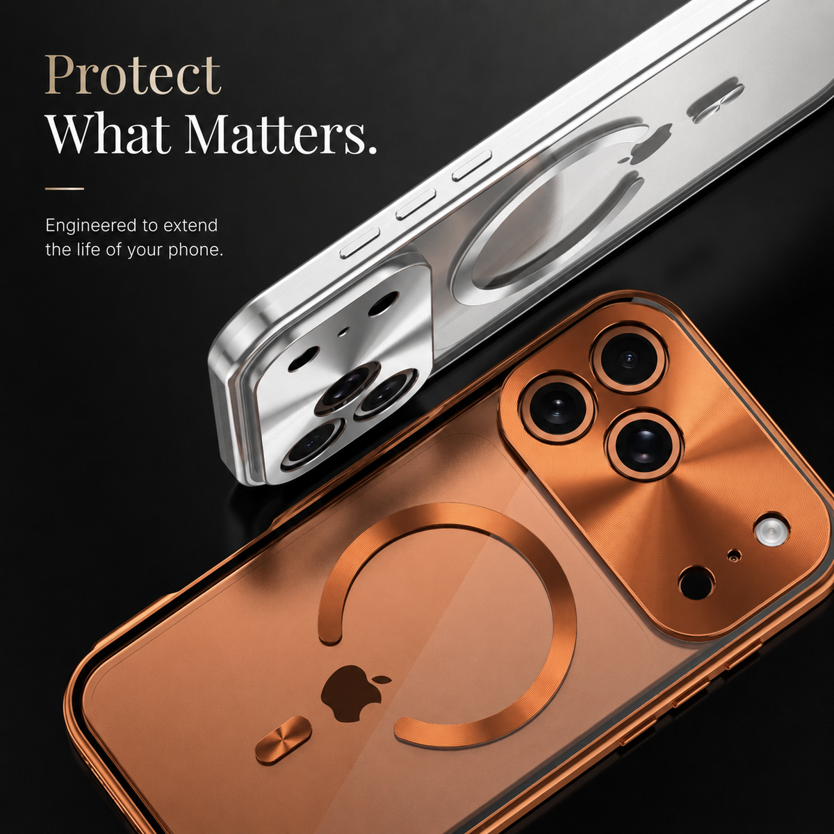 Silver-colored and orange clear-backed cases overlap diagonally against gray, showing circular magnetic rings and camera panels. Text advertises protection.