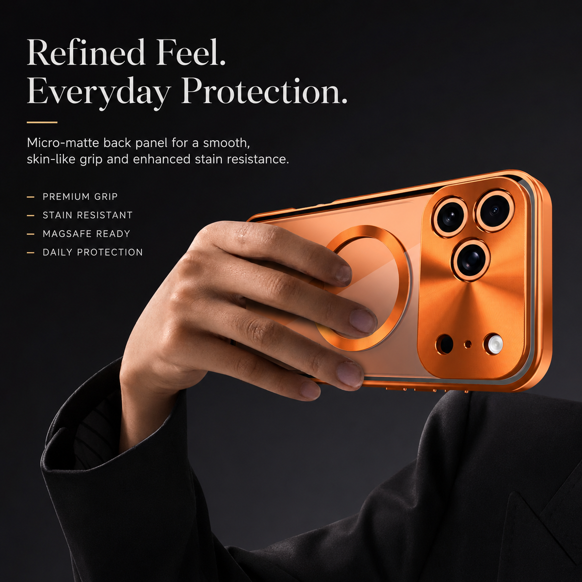 A person holds an orange clear-backed case horizontally, showing its circular magnetic ring and full camera panel. Text advertises a smooth micro-matte grip and stain resistance.