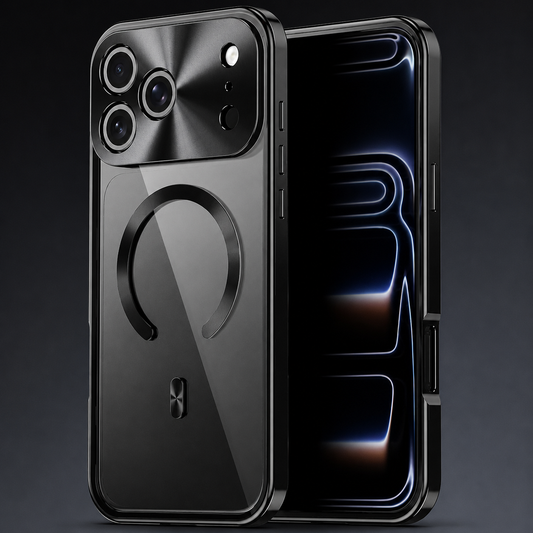 Front and rear views of a dark gray phone case stand against black, showing a transparent back, broken circular magnetic ring and shiny frame and camera trim.