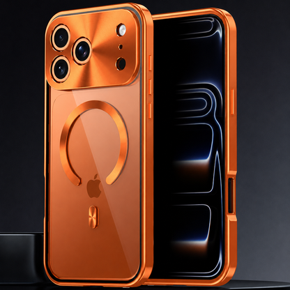 Front and rear views of an orange phone case stand against black, showing a transparent back, broken circular magnetic ring and shiny matching trim.
