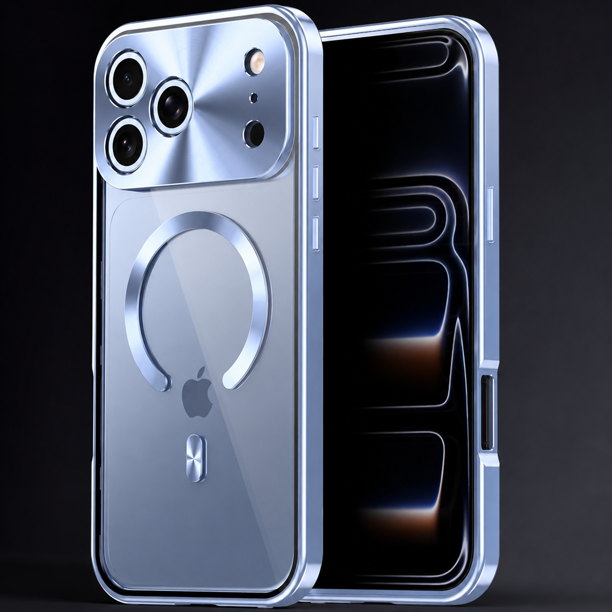 Front and rear views of a pale blue phone case stand against black, showing a transparent back, broken circular magnetic ring and shiny matching trim.