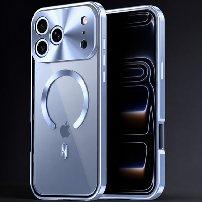 Front and rear views of a pale blue phone case stand against black, showing a transparent back, broken circular magnetic ring and shiny matching trim.