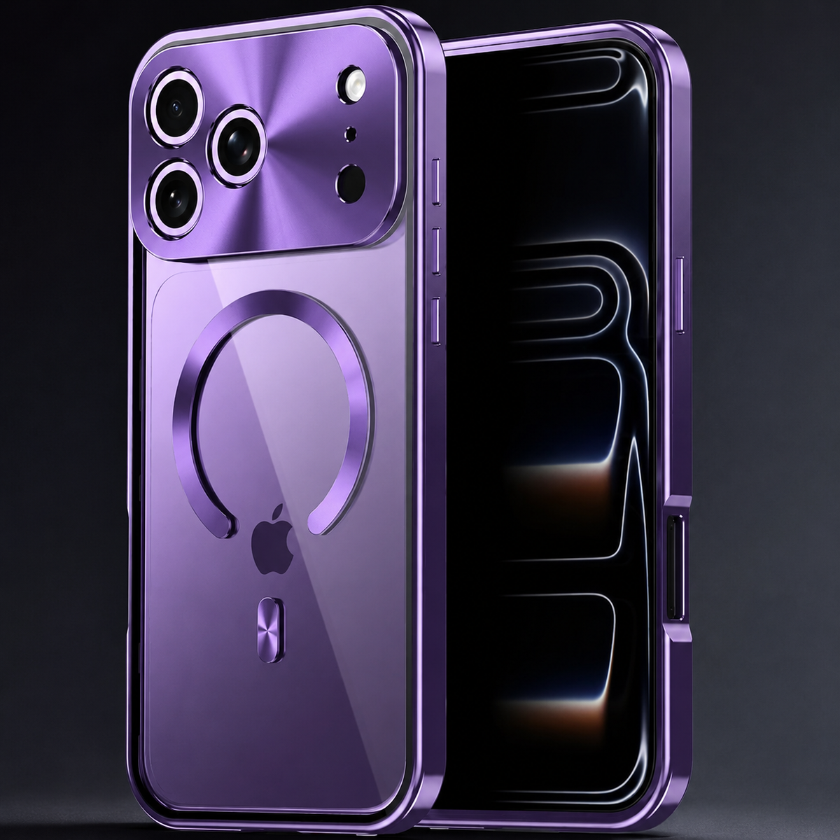 Front and rear views of a purple phone case stand against black, showing a transparent back, broken circular magnetic ring and shiny matching trim.