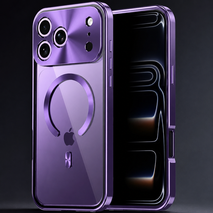 Front and rear views of a purple phone case stand against black, showing a transparent back, broken circular magnetic ring and shiny matching trim.