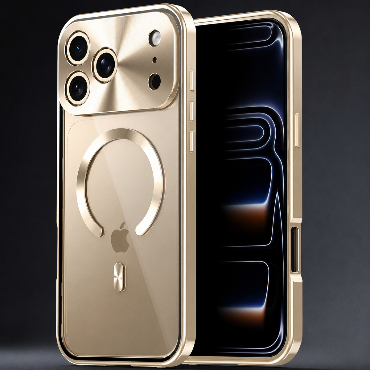Front and rear views of a gold-colored phone case stand against black, showing a transparent back, broken circular magnetic ring and shiny matching trim.