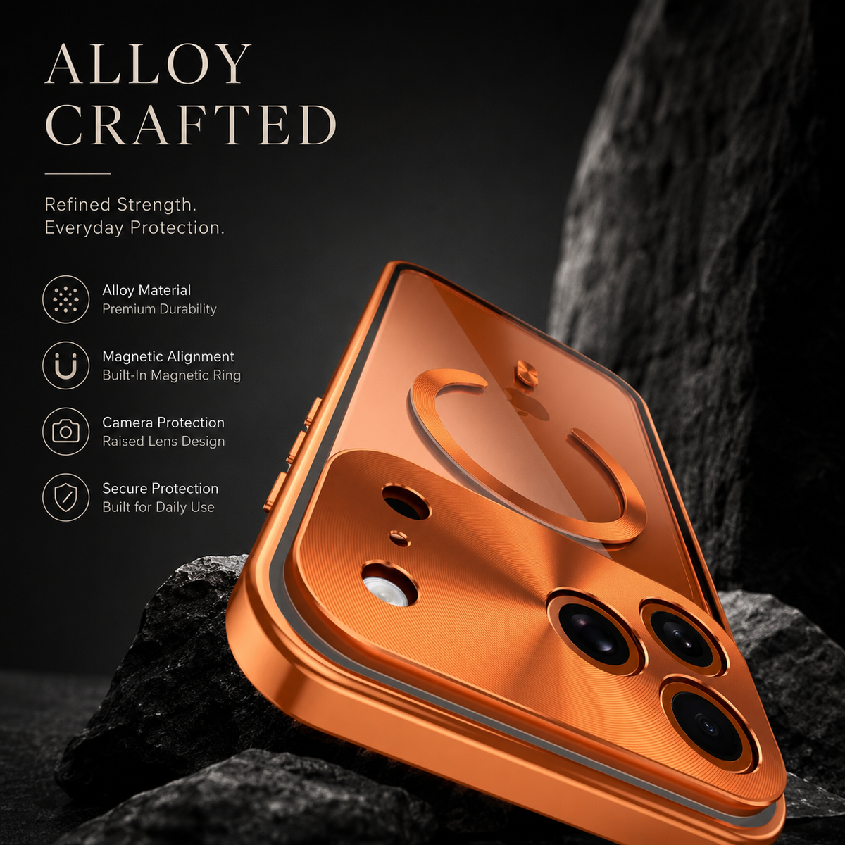 An orange phone case lies diagonally on rough dark rock, showing its clear back and circular magnetic ring. Text advertises alloy construction, alignment and camera protection.