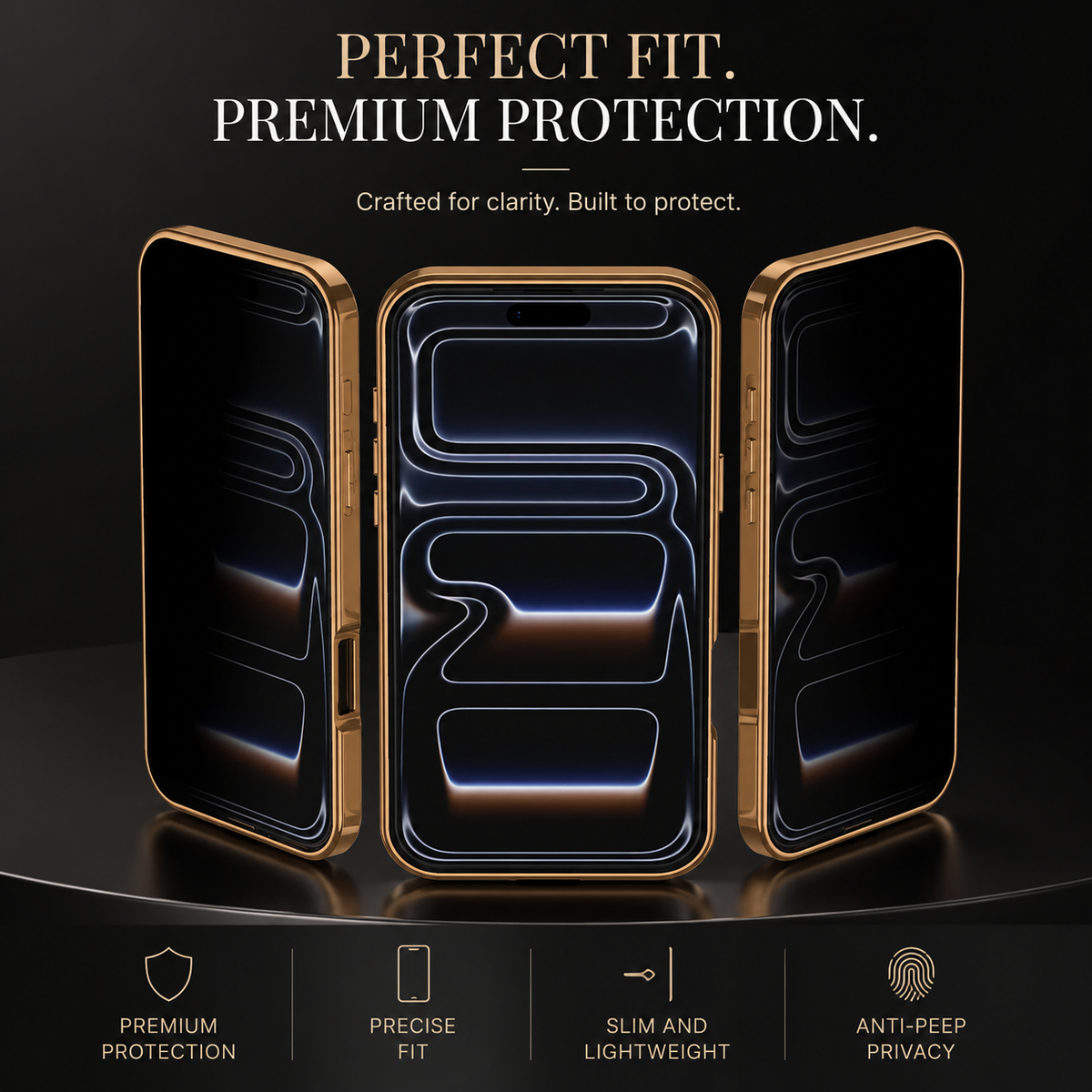Three front views of a gold-colored case show the screen visible head-on and darker from either side. Text advertises a precise fit and anti-peep privacy.
